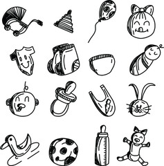 set of baby fashion accessories icon set for baby & diapers content with doodle style