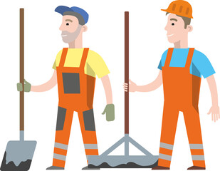Road construction workers: men in an orange uniform and helmet with a shovel and with a leveler for asphalting in their hands. Flat infographics. Vector illustration