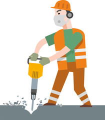 Road construction workers: a man in an orange uniform and a helmet and a respirator with a jackhammer in his hands. Flat infographics. Vector illustration