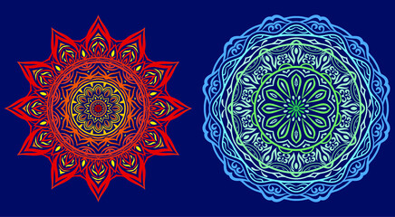 Circular pattern in form of fire and water element mandala on blue background. Mandala decorative ornament for tapestries, tattoo, logo