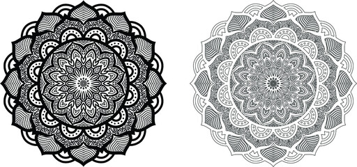 Flower mandala circular pattern in solid and outline form. Mandala pattern for coloring books, decoration, ornament, tattoo, home decor, tapestries. Mandala pattern for tapestry home decoration.
