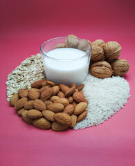Vegan milk in a glass with various nuts, oats, rice grains and almonds. Milk substitute concept