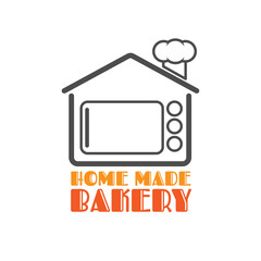 abstract bakery logo vector design. oven and house shape with lettering 'HOME MADE ' and 'BAKERY' on white background.