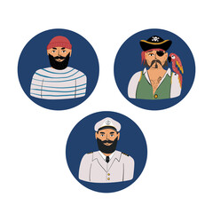 Three portraits,a fisherman in a striped vest,a pirate with a parrot on his shoulder, a captain in a marine suit uniform