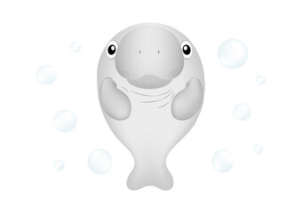 Dugong or sea cow with bubble under the sea. Marine mammal cartoon character.