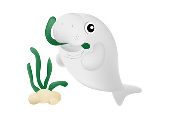 Dugong or sea cow enjoy eating sea grass under the sea. Marine mammal cartoon character.