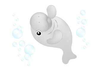 Dugong or sea cow with bubbles under the sea. Marine mammal cartoon character.