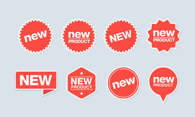 A collection of sticker icons from new labels. Suitable for design elements of retail stores, online outlets, and promotion of new products for sale. New red label sticker with white border icon set.