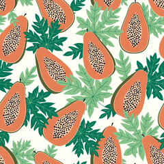 Papaya fruits and leaves seamless pattern with white background. Tropical fuits