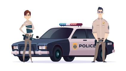 Cartoon police officers man and woman team. Public safety officers with police car. Guardians of law and order.