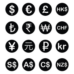 Various Currency FX Money Signs and Symbols with Descriptions. Black Illustration Isolated on a White Background. EPS Vector 