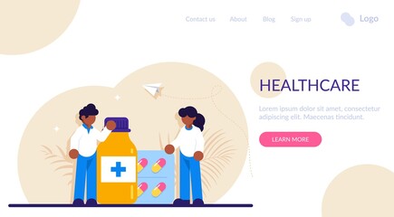 Drugstore and pharmacist concept. Collection of pharmacy drug in bottle and box. Medication concept. Medicine pill for disease treatment. Modern flat illustration.