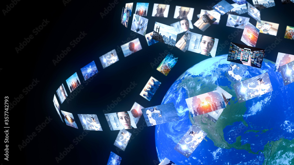 Poster Visual contents concept. Social networking service. Streaming video. communication network. Elements of this image furnished by NASA. 3D rendering.
