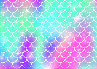 Rainbow scales background with kawaii mermaid princess pattern.