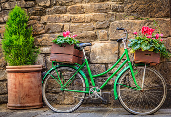 Fototapeta na wymiar Green bicycle with flowers
