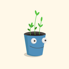 Indoor plant in a blue pot. A small sprout has grown from a seed. Cute vector illustration of a kawaii character.