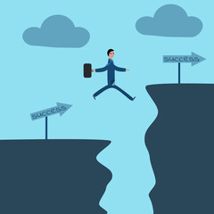 Business concept. The businessman jump to cross the mountain gap (Business problem) to the success