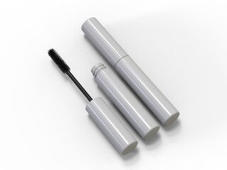 Blank Eyeliner mascara tube with box mockup isolated on white background front view. 3d render illustration.