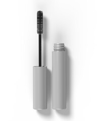 Blank Eyeliner mascara tube with box mockup isolated on white background front view. 3d render illustration.