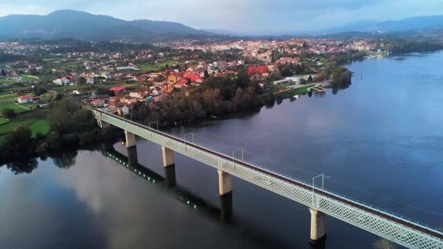 Aerial view of bridge between Valenca do miño in Portugal and Tui in Galicia,Spain. Drone View
