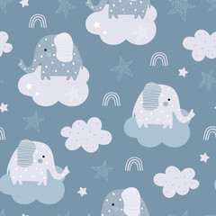Seamless pattern with elephant and cloud in the sky.