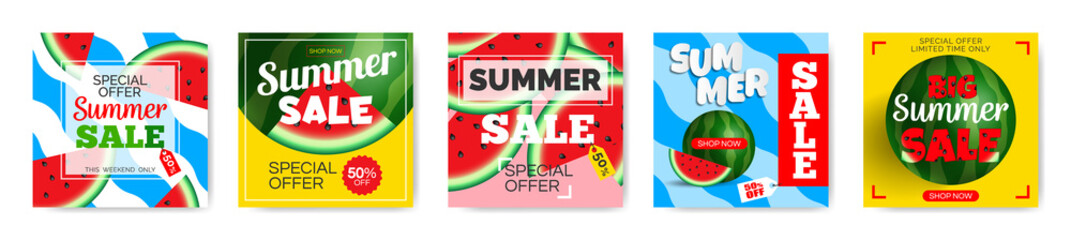 summer sale square web banners  for social media page design with watermelons vector illustration