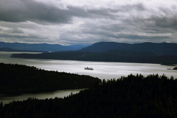 Vancouver Island, British Columbia Canada, June 3, 2020: BC Ferries carry vehicles as they navigate through the West Coast gulf islands.