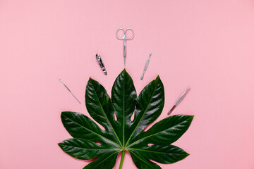 Woman putting nutritious cream on tropical pink background among jar of cream and manicure set. Top horizontal view copyspace skin and nails care