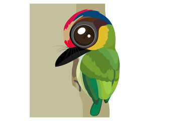 Gold-whiskered barbet bird cartoon, Green bird cartoon, A cute of colorful bird.