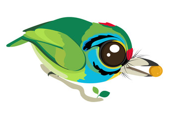Moustached barbet bird cartoon, Green bird cartoon, A cute of colorful bird.