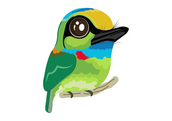 Yellow-crowned barbet bird cartoon, Green bird cartoon, A cute of colorful bird.