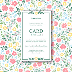 Floral vector card with small hand drawn colorful flowers, leaves and floral elements on white background. Floral design template for print, fabric, invitation, brochure, card, cover, wallpaper