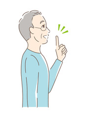 笑顔で指をさす男性の横顔