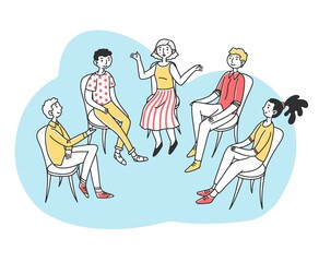 Patients discussing their psychological or addiction problem. Group of people sitting in circle and talking. illustration for therapy, counseling, psychology, support, help, community concept