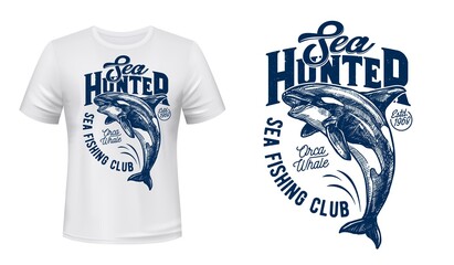 Killer whale vector print mockup of fishing sport club t-shirt design. Orca, sea or ocean animal jumping out of water grunge print template with letterings for custom apparel of fisherman club © Vector Tradition