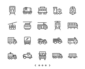 Train and truck transportation line icon set