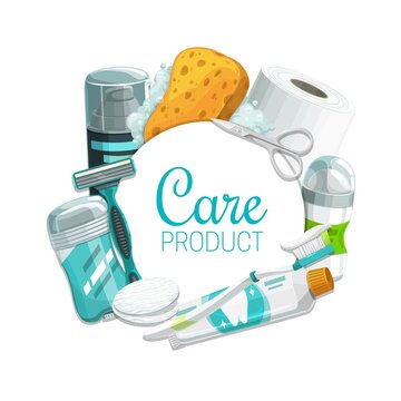 Hygiene or personal care vector products. Toothbrush, toothpaste, soap and sponge, toilet paper, deodorant, shaving foam and razor, cotton pads, manicure scissors and antiperspirant, toiletries design