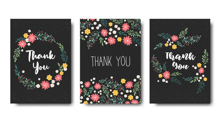 Vector floral cards collection with hand drawn Thank You lettering and colorful small flowers on dark background