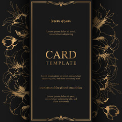 Vector floral elegant card with hand drawn gold lilies and leaves isolated on black background. Botanical design template for wedding invitation, brochure, card, cover