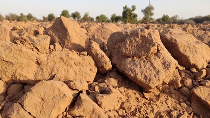 Fototapeta na wymiar Soil stones in ploughed agricultural field