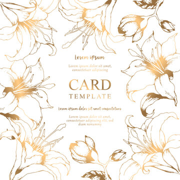 Vector floral elegant card with hand drawn gold lilies and leaves isolated on white background. Botanical design template for wedding invitation, brochure, card, cover