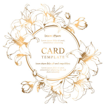 Vector floral round elegant card with hand drawn gold lilies and leaves isolated on white background. Botanical design template for wedding invitation, brochure, card, cover