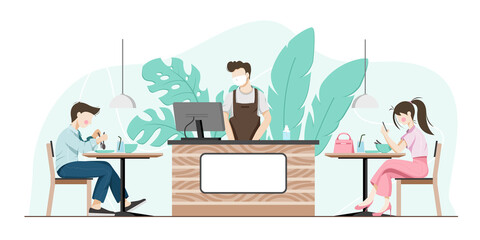 Man and woman sitting at the dining table. men are eating and women playing a smartphone after eating and there is a waiter at the counter. Vector illustration