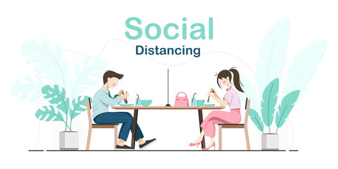 Social distancing. Men and women sitting and eating food at the dining table that has partition for prevent infection of Covid-19 virus. Vector illustration