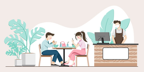 Couple sitting at the dining table. men are eating and women playing a smartphone after eating and there is a waiter at the counter. Vector illustration