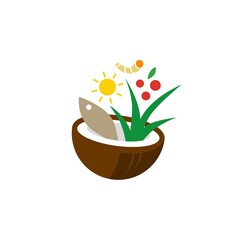salad food bowl coconut fish leaf papaya turmeric logo vector icon illustration
