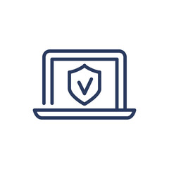 Laptop and shield thin line icon. System, digital device, checkmark isolated outline sign. Insurance and protection concept. Vector illustration symbol element for web design and apps