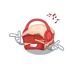 A Caricature design style of pork belly listening music on headphone