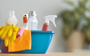 Basket with cleaning items