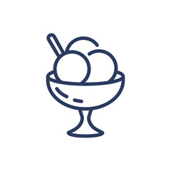 Delicious sundae balls in glass thin line icon. Menu, bowl, spoon isolated outline sign. Sweet desserts and food concept. Vector illustration symbol element for web design and apps